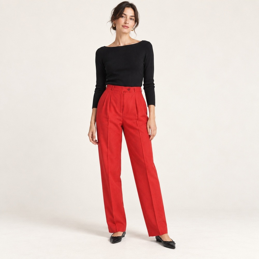 Vintage Burberry's Red Linen Silk High Rise Pleated Trousers Pants Sz 6 France